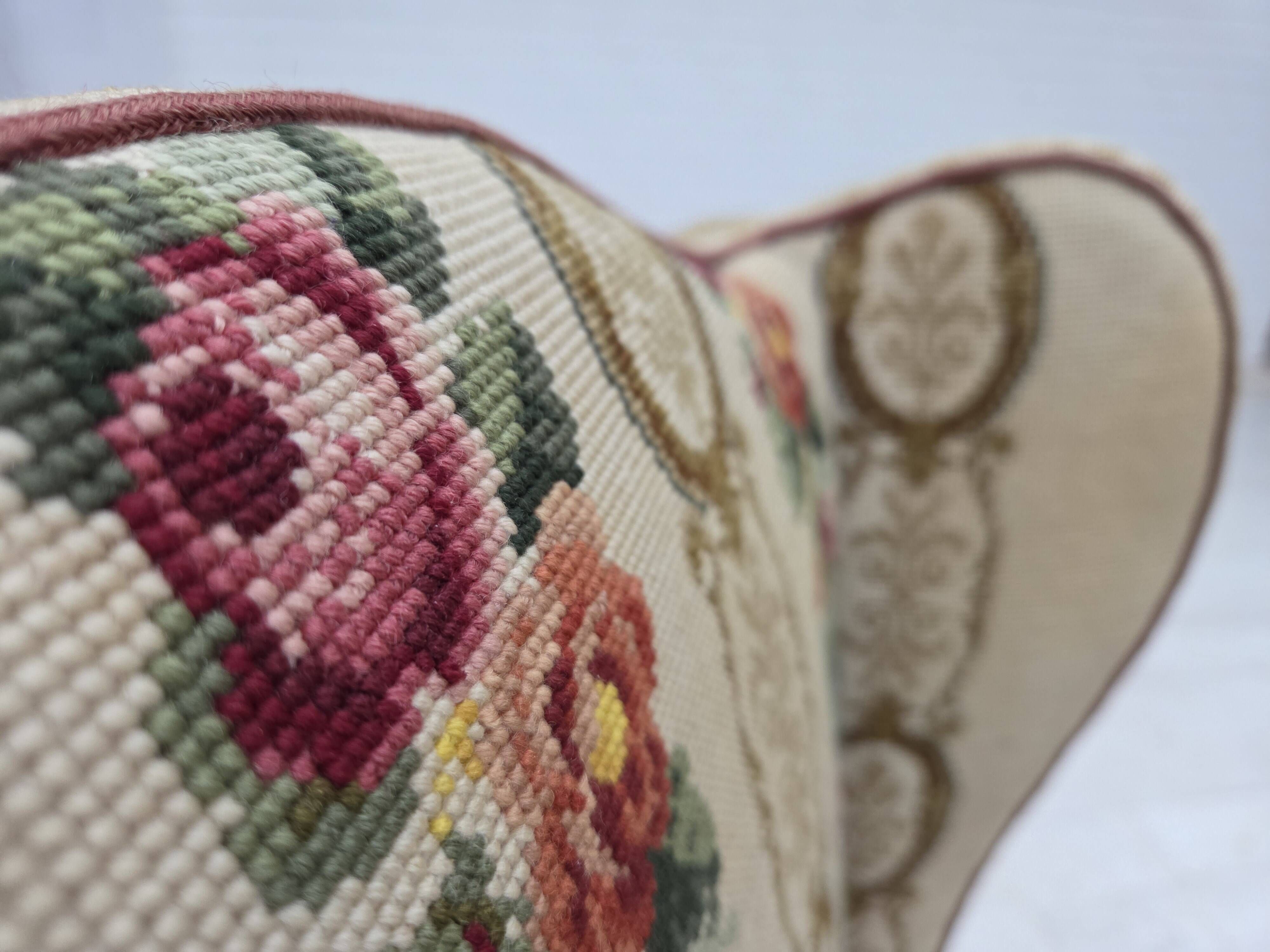 1950s, Danish wingback armchair, wool fabric, red furniture velour.