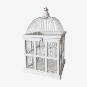 Cage blanche vintage pour déco en bois et métal