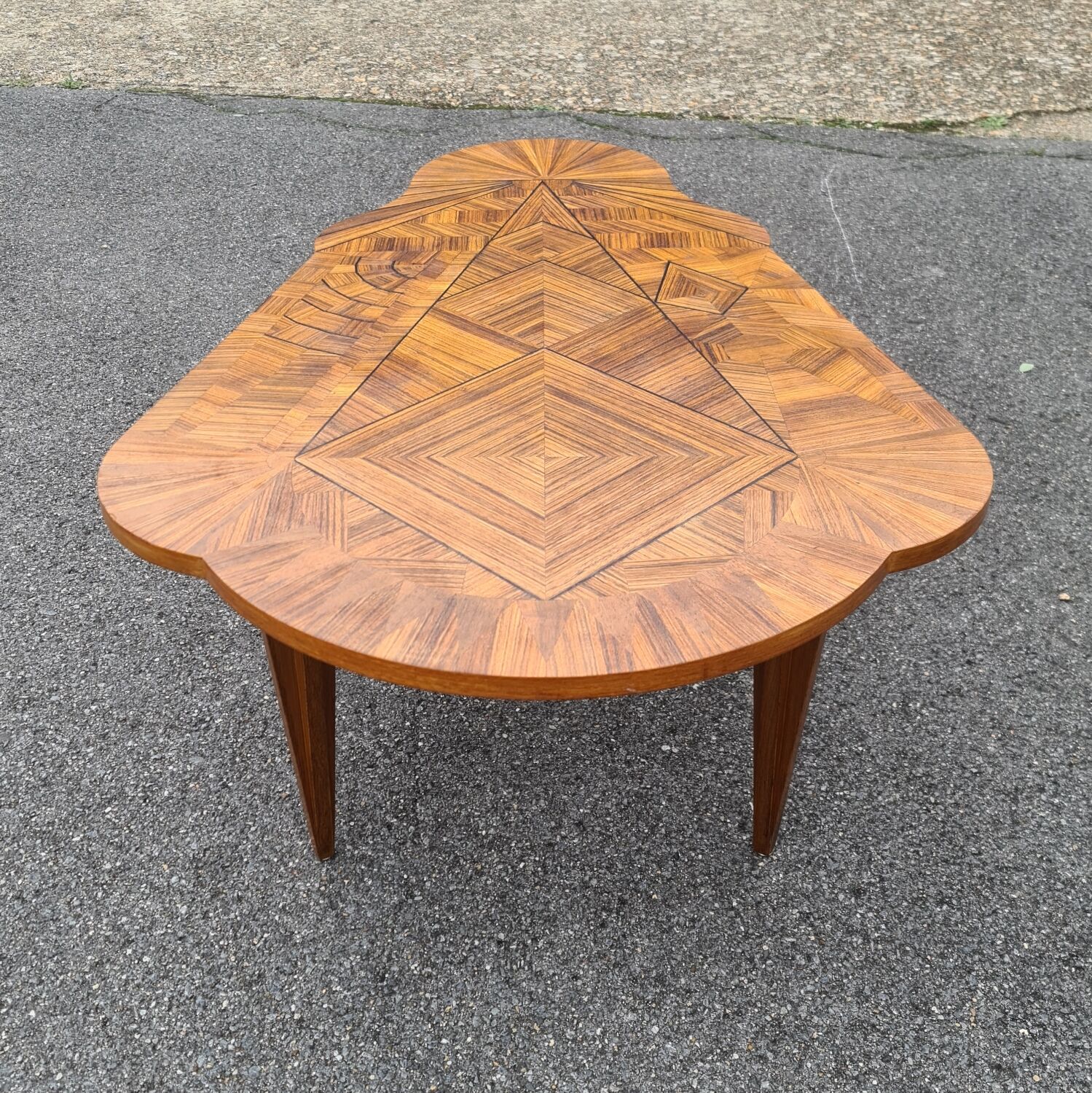 Vintage art deco coffee table with geometric marquetry