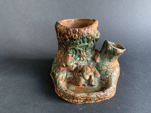 Pyrogène, pot à tabac naturaliste en terre cuite vernissée, époque 1900