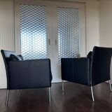 2 fauteuils de salon modernistes allemands en cuir noir et acier de Walter Knoll