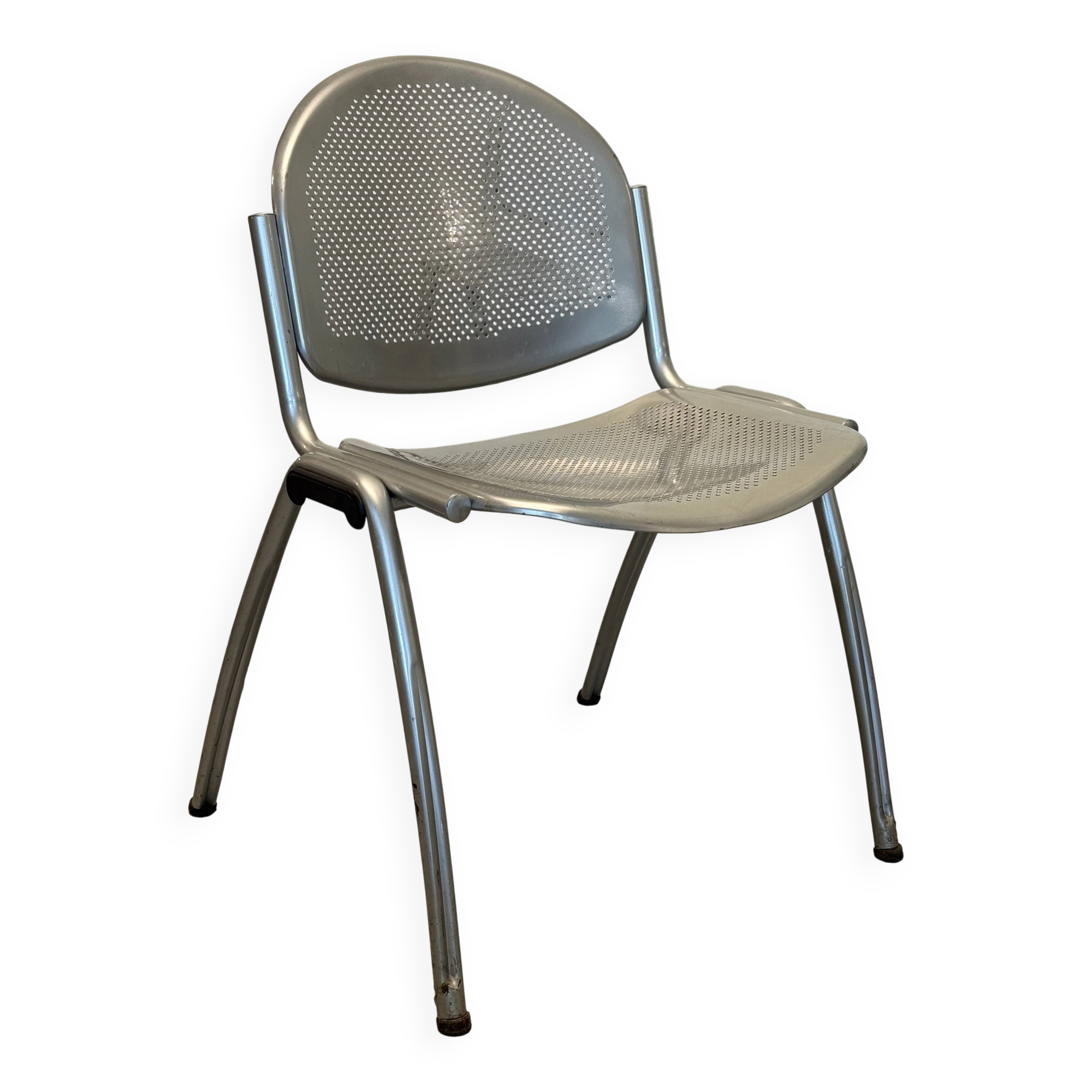 Vintage Sokoa stackable chairs, brutalist perforated metal chairs.