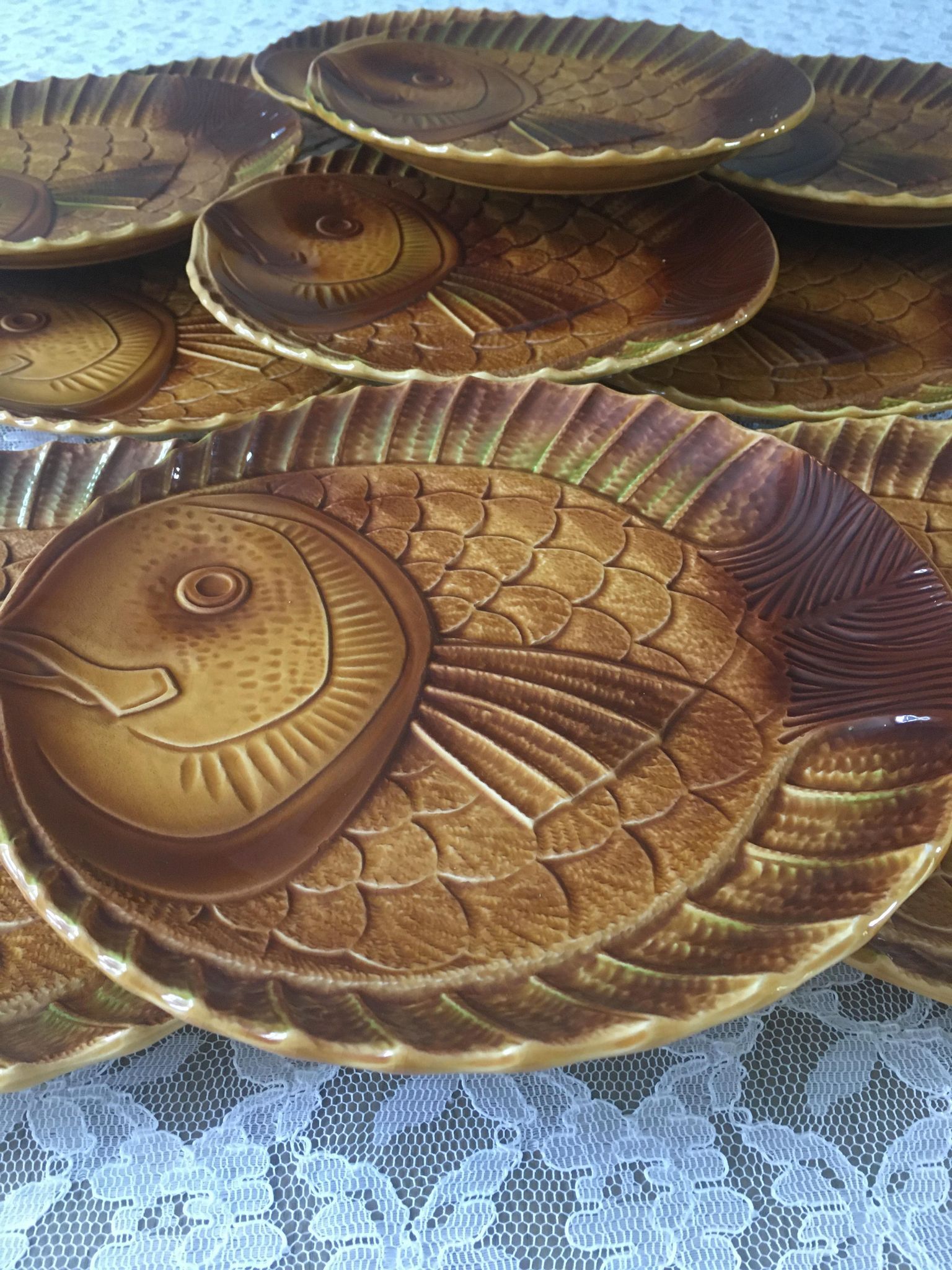 12 large fish plates in Sarreguemines slurry
