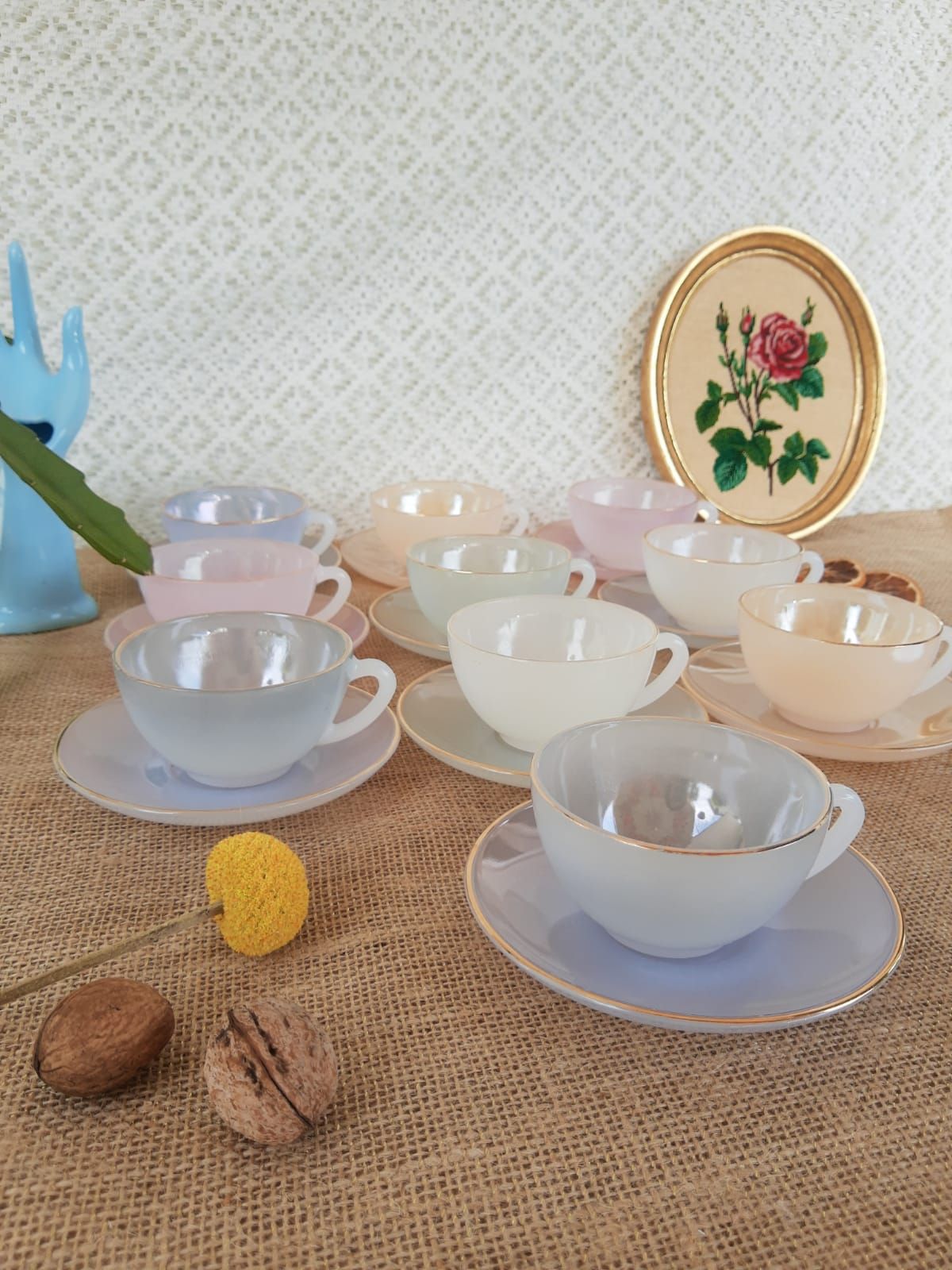 Set of 10 cups and under cups harlequin Arcopal France - vintage