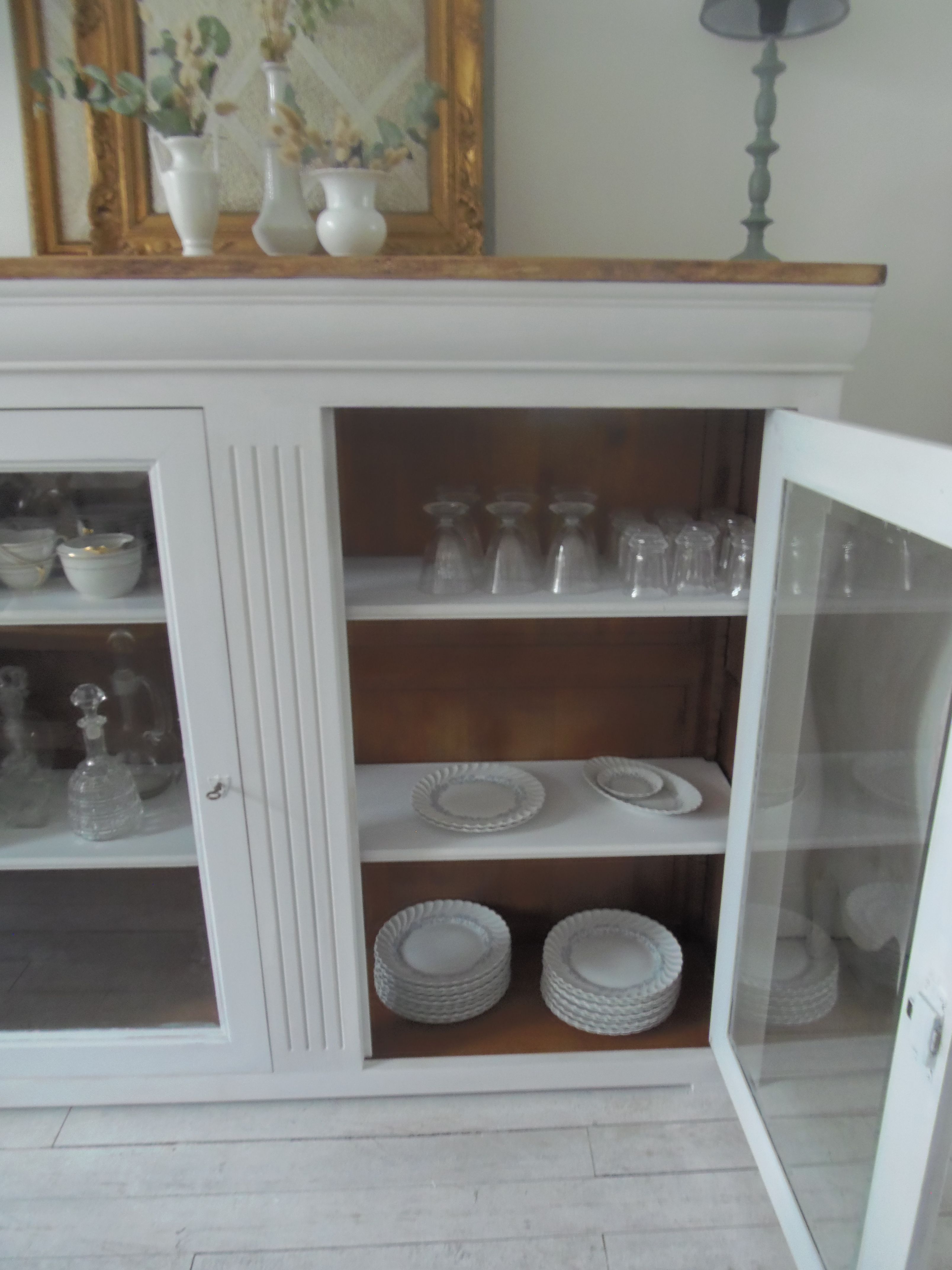 Showcase, bookcase, dresser style louis philippe patinated pearl gray, 2 glass doors.