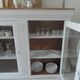 Showcase, bookcase, dresser style louis philippe patinated pearl gray, 2 glass doors.