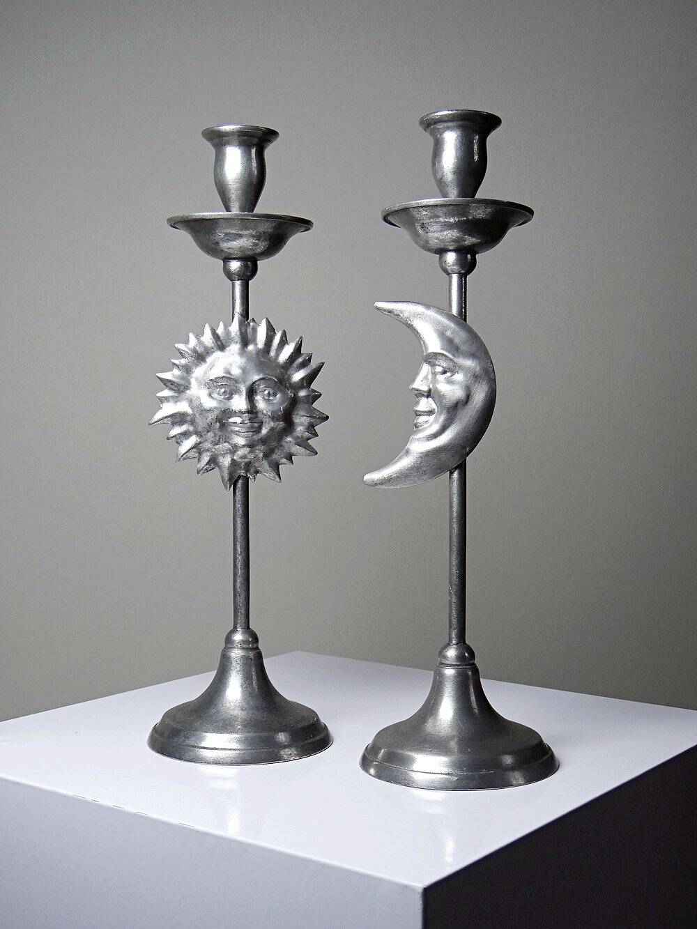 Pair of handcrafted candle holders Sun & Moon vintage mid-century silver-plated tin