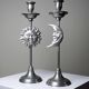 Pair of handcrafted candle holders Sun & Moon vintage mid-century silver-plated tin