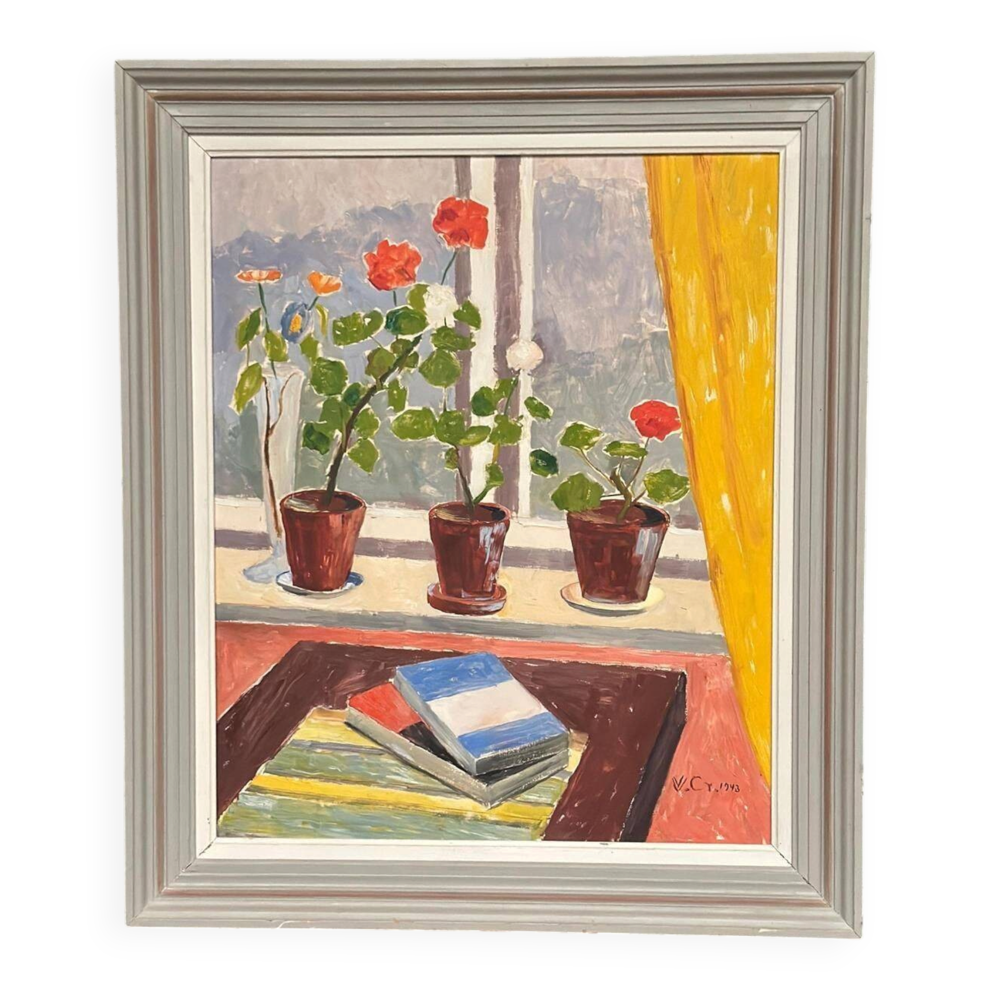 Original Swedish Oil On Panel – “Books And Blossoms” – Vintage & Framed – 91 × 77 Cm
