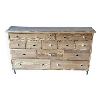 Buffet commode vintage 13 tiroirs en bois massif hévéa