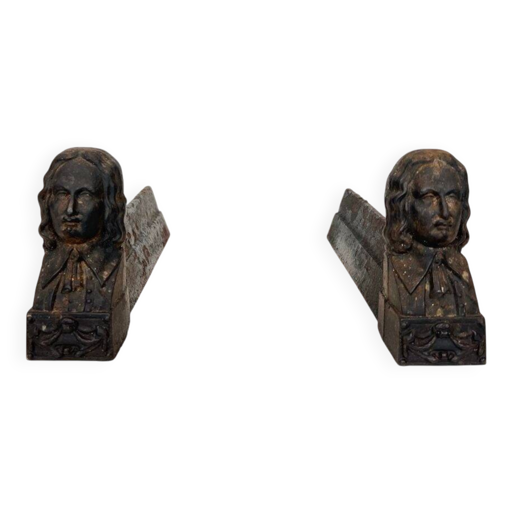 Pair of Cast Iron Andirons in the Likeness of Beethoven. France. Circa 1900.