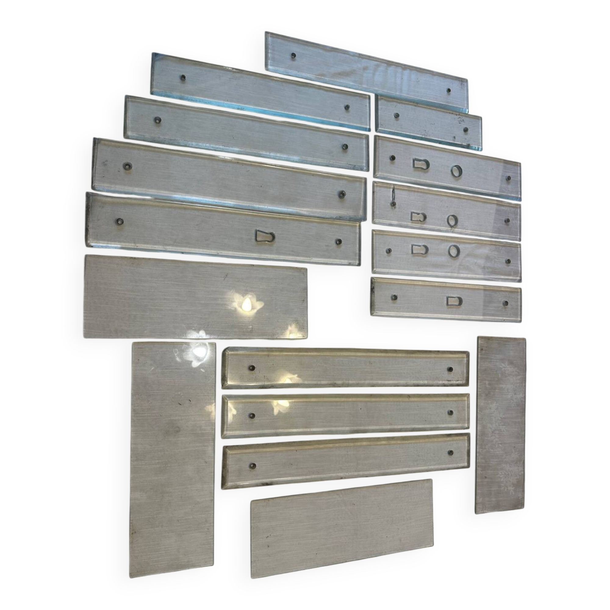 11 bevelled glass cleanliness plaques + 4 Art Deco glass plaques