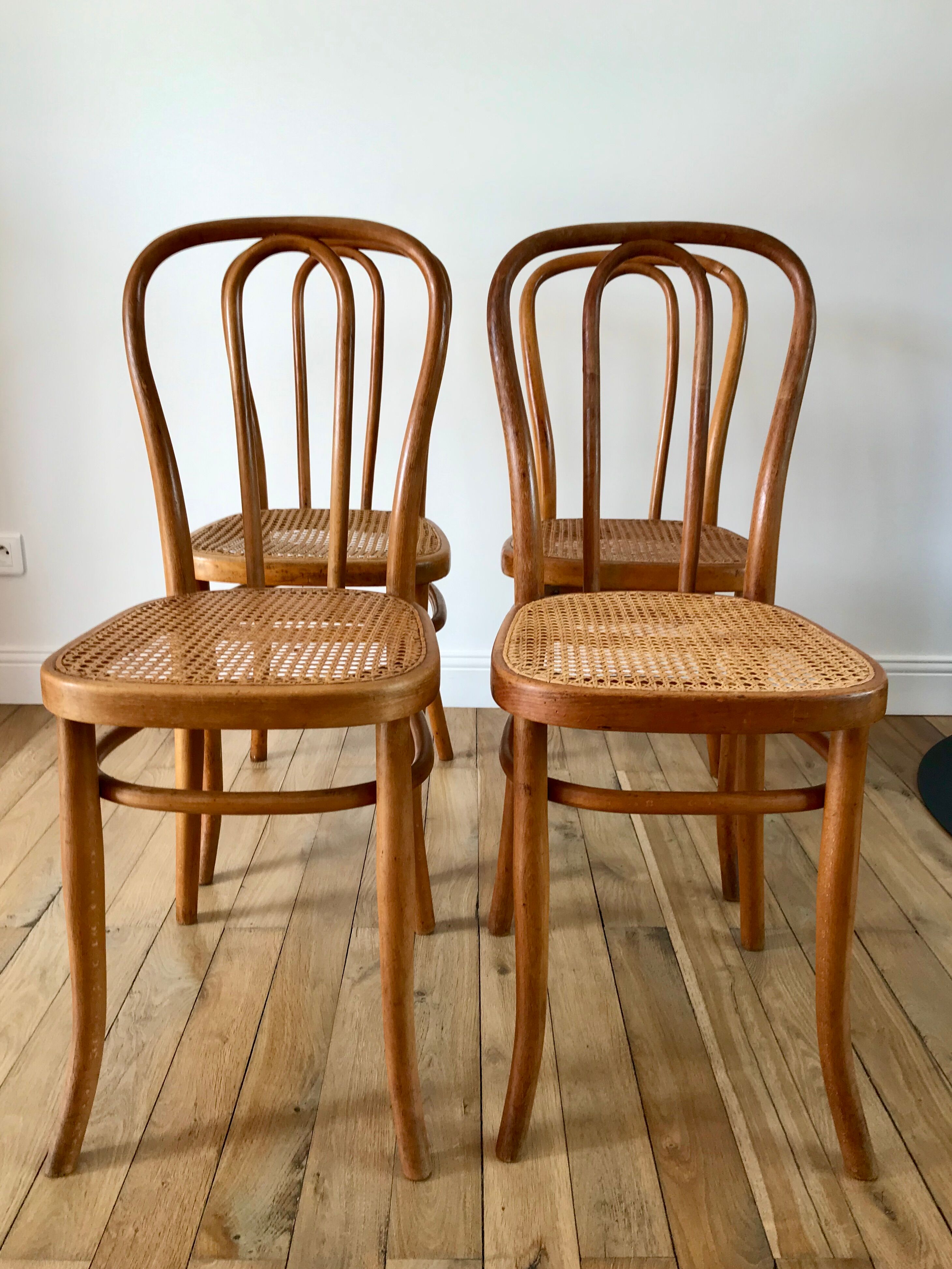 Set of 4 cane chairs in bentwood and honey-coloured cane thonet early 20th century