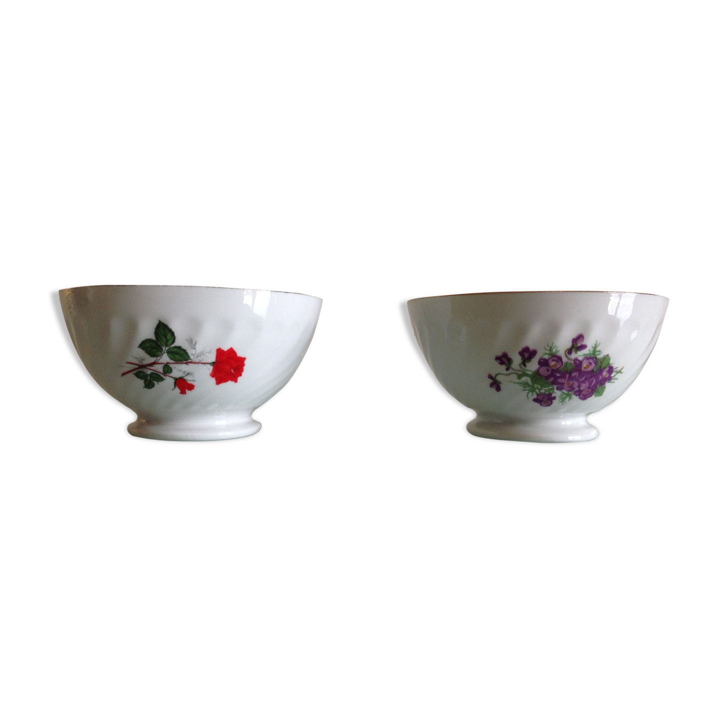Two white bowls with floral decor in Limoges SD porcelain / vintage 60-70