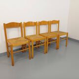 Set of 4 vintage brutalist chairs in light wood and straw from the 70s