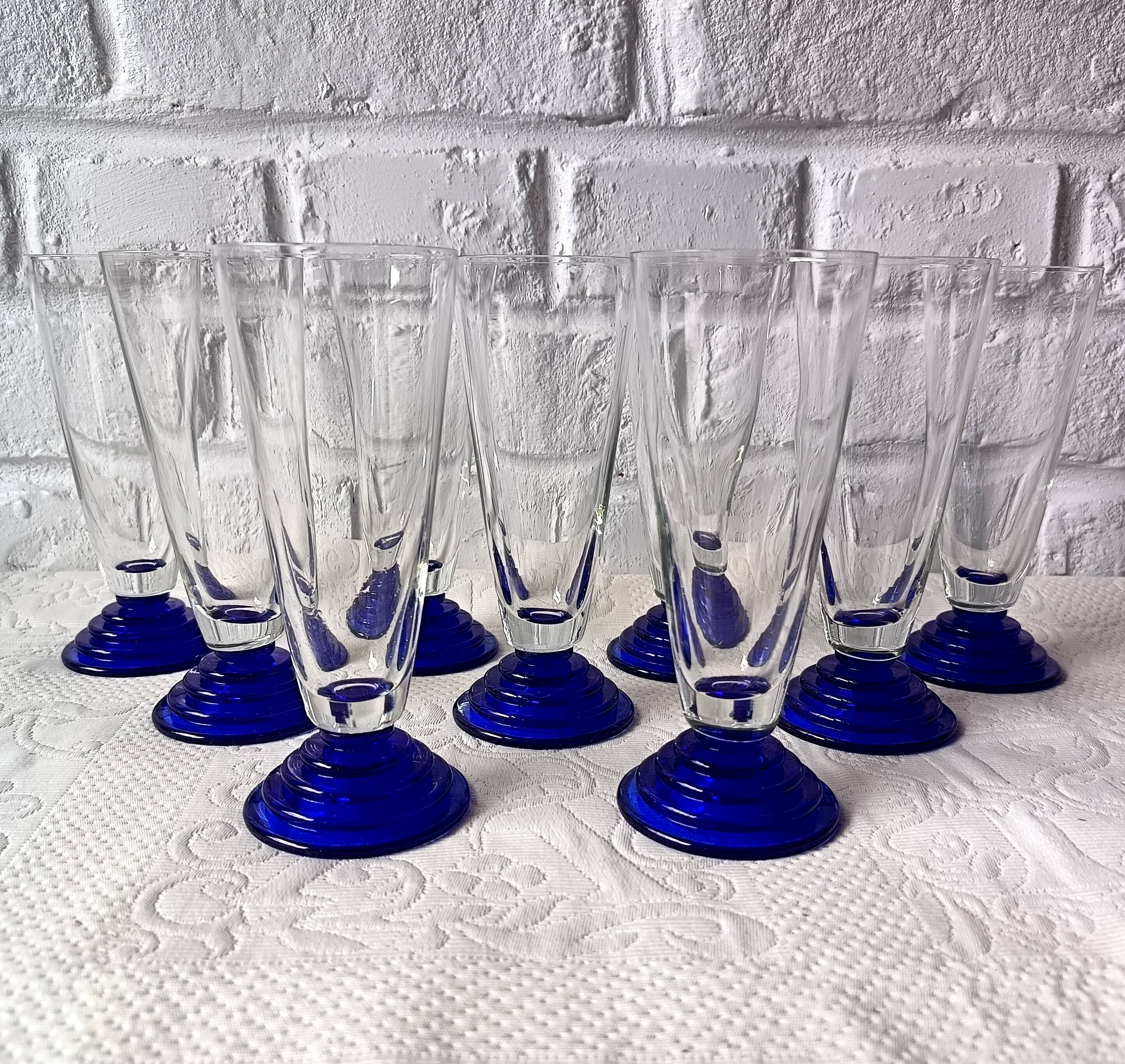 9 superb vintage cobalt blue glass stemmed flutes