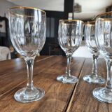 Set of 6 vintage red wine glasses with scrolled drinking rim and gold rim