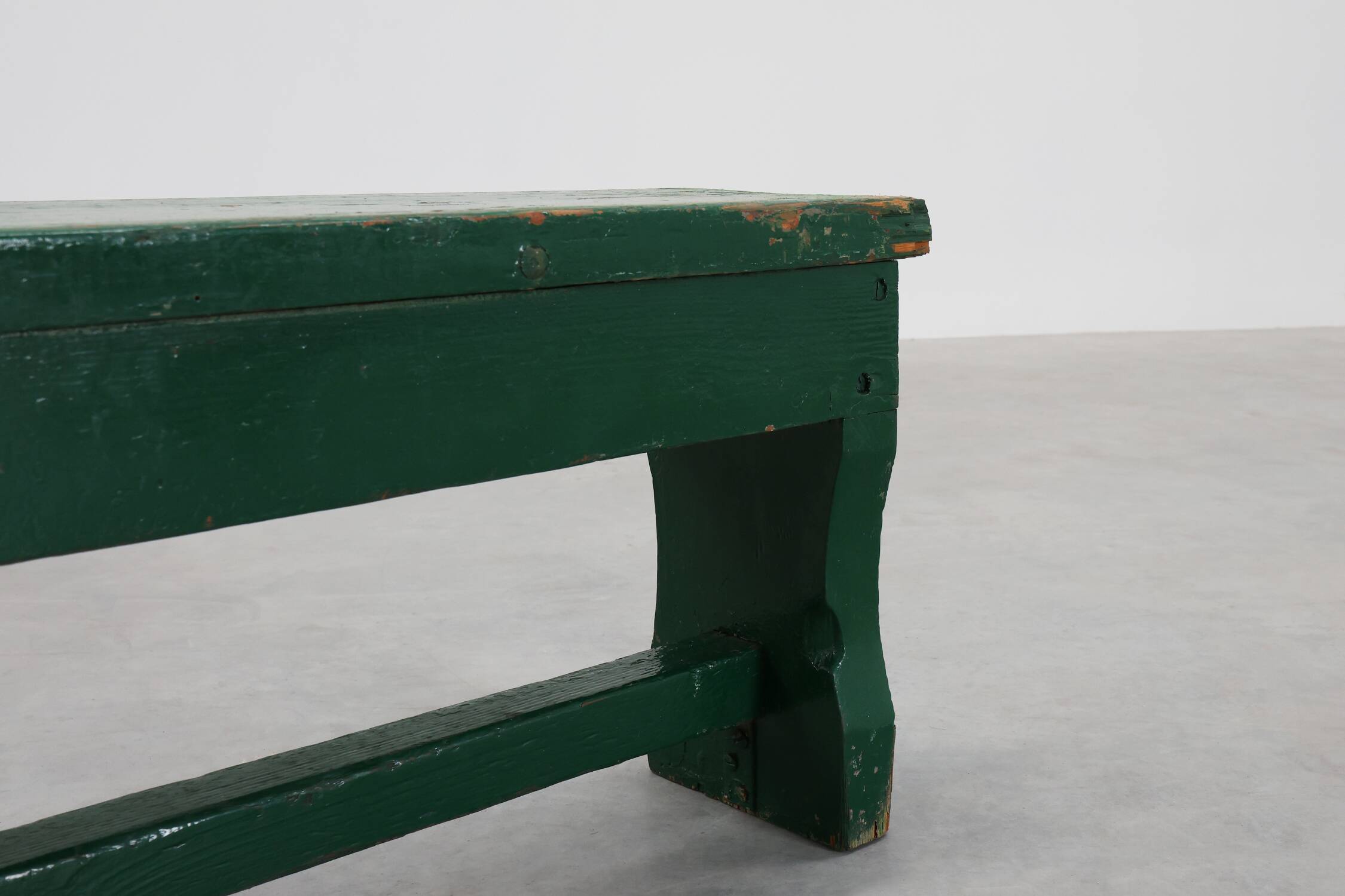 Rustic primitive green farmhouse bench in solid oak, France ca. 1900