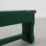 Rustic primitive green farmhouse bench in solid oak, France ca. 1900