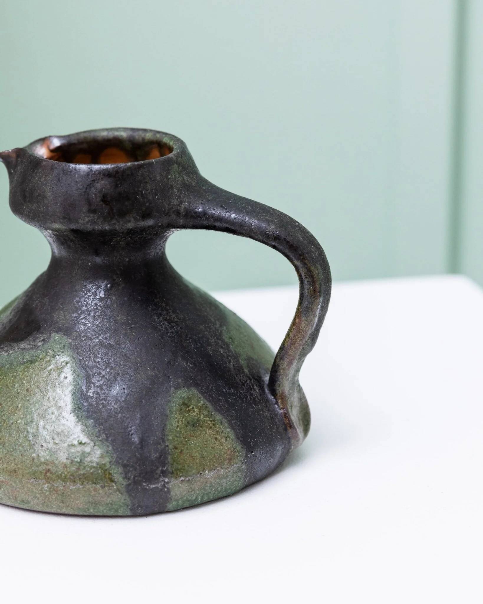 Vase en céramique fat lava vert-noir par Luise Duncker Studio, vintage des années 1970, milieu du siècle.