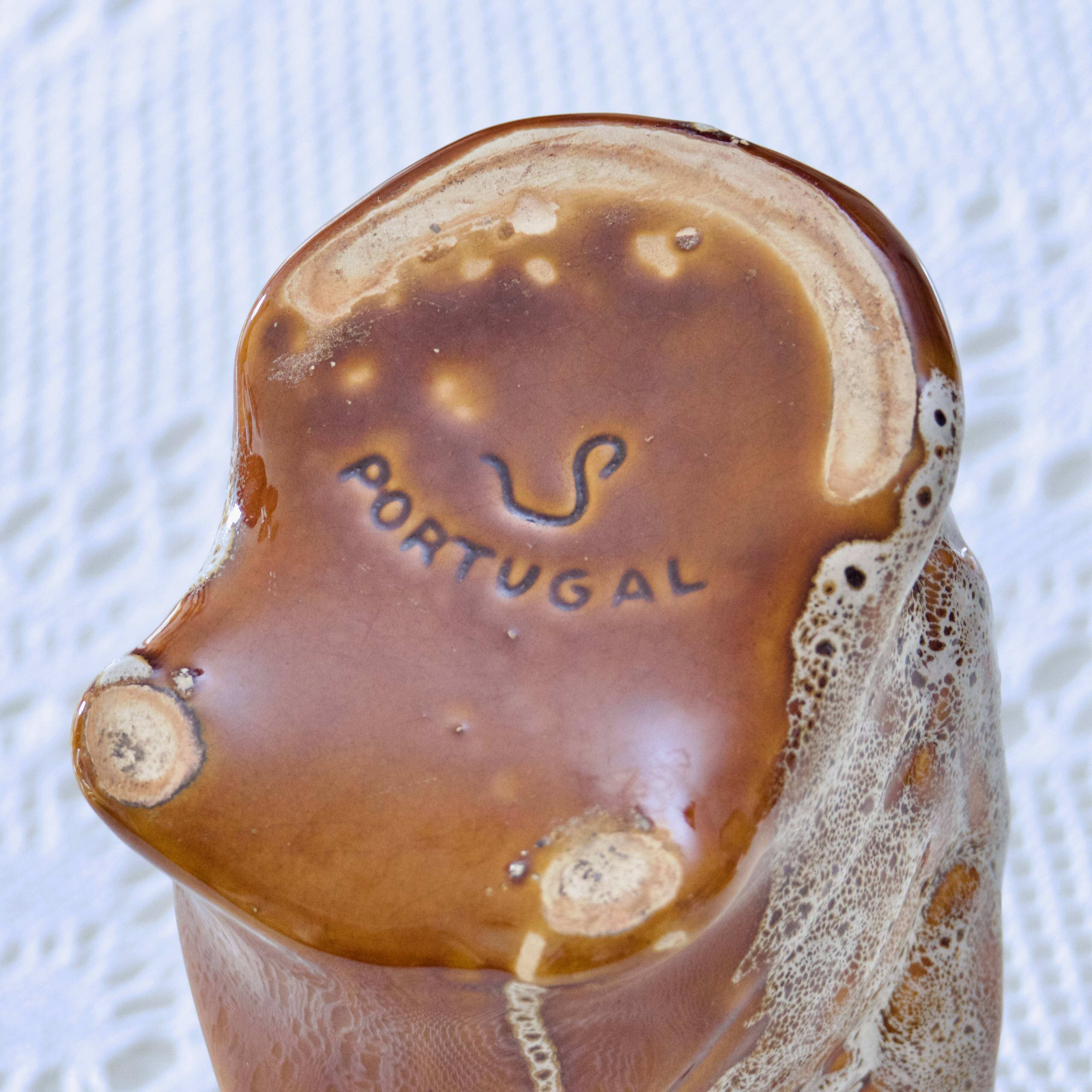 Antique zoomorphic pig carafe in foam-enameled stoneware