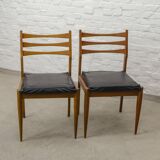 Solid Wood Ladder Dining Chairs with Square Black Leatherette Seating 1960s