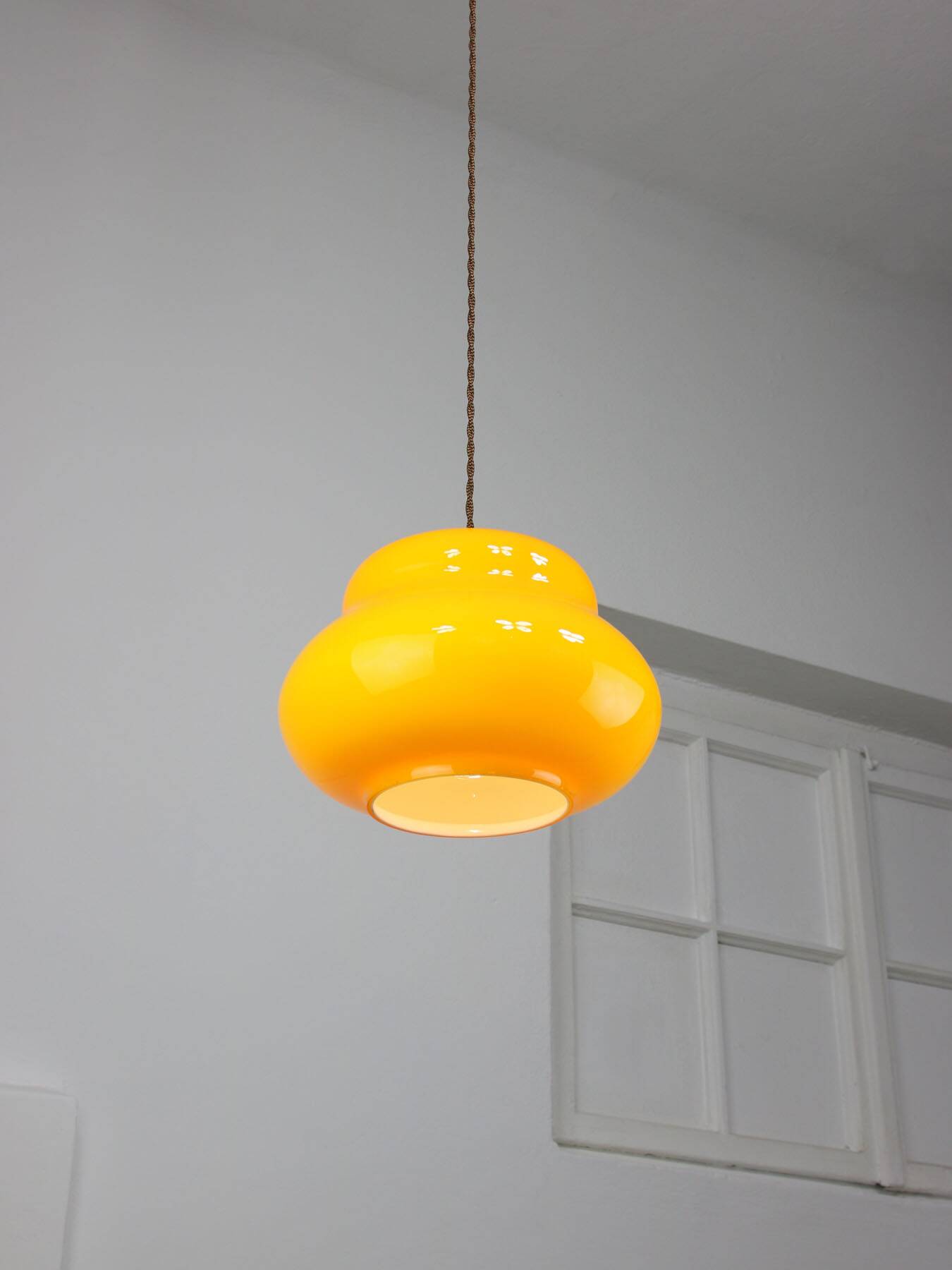 Mid-Century Italian Yellow Glass and Brass Pendant Lamp