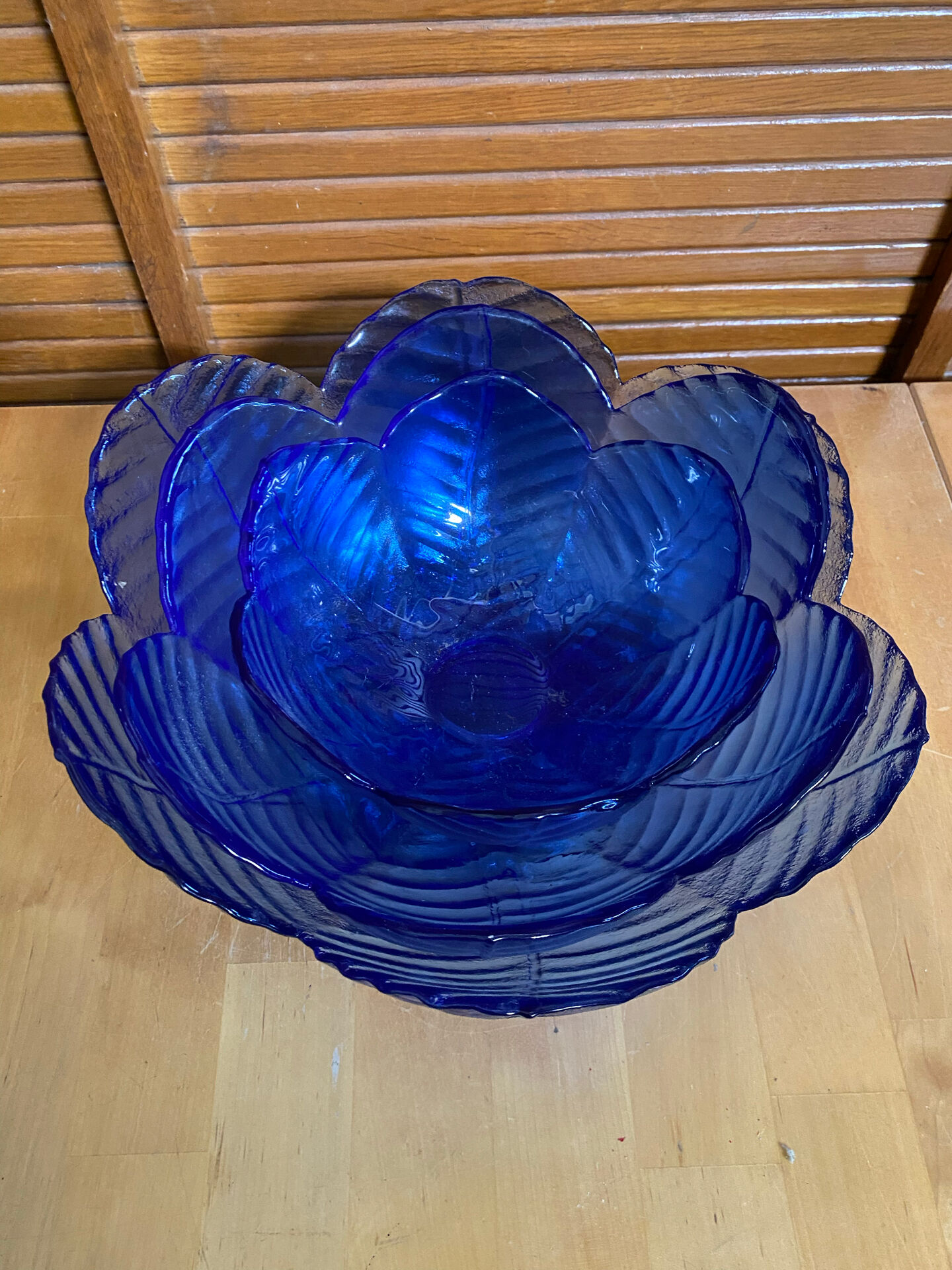 Set of 3 Cobalt Blue Moulded Glass Bowls in Flower Petal Shape Vintage