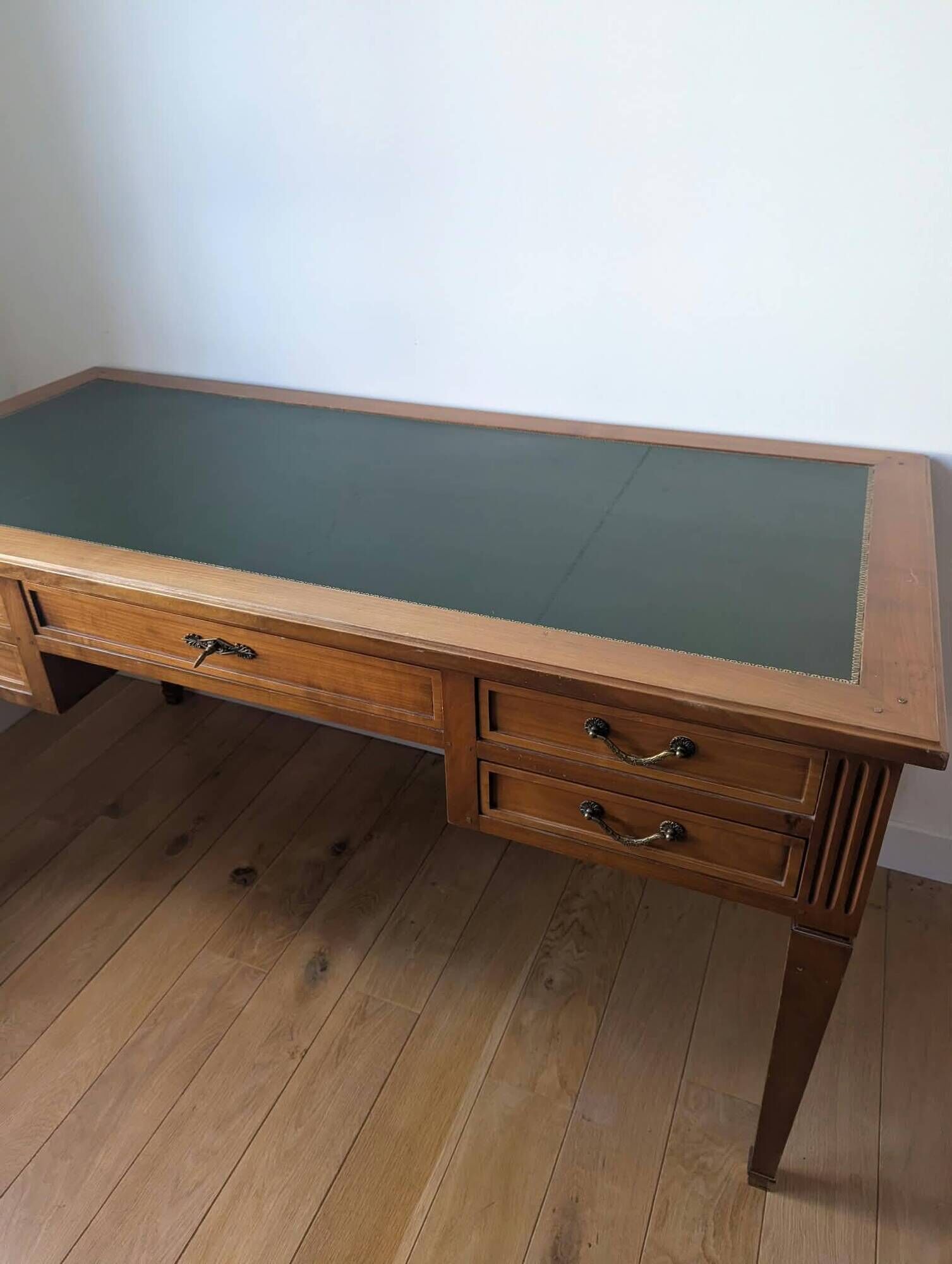 Louis XVI style flat desk in cherry wood, green leather top - French work