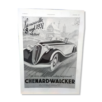 Affiche voiture Chenard-Walcker  avec plastification ( brillant) issue d'une revue d'époque 1937