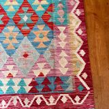 Afghan kilim rug colored red pink blue yellow diamond handmade wool