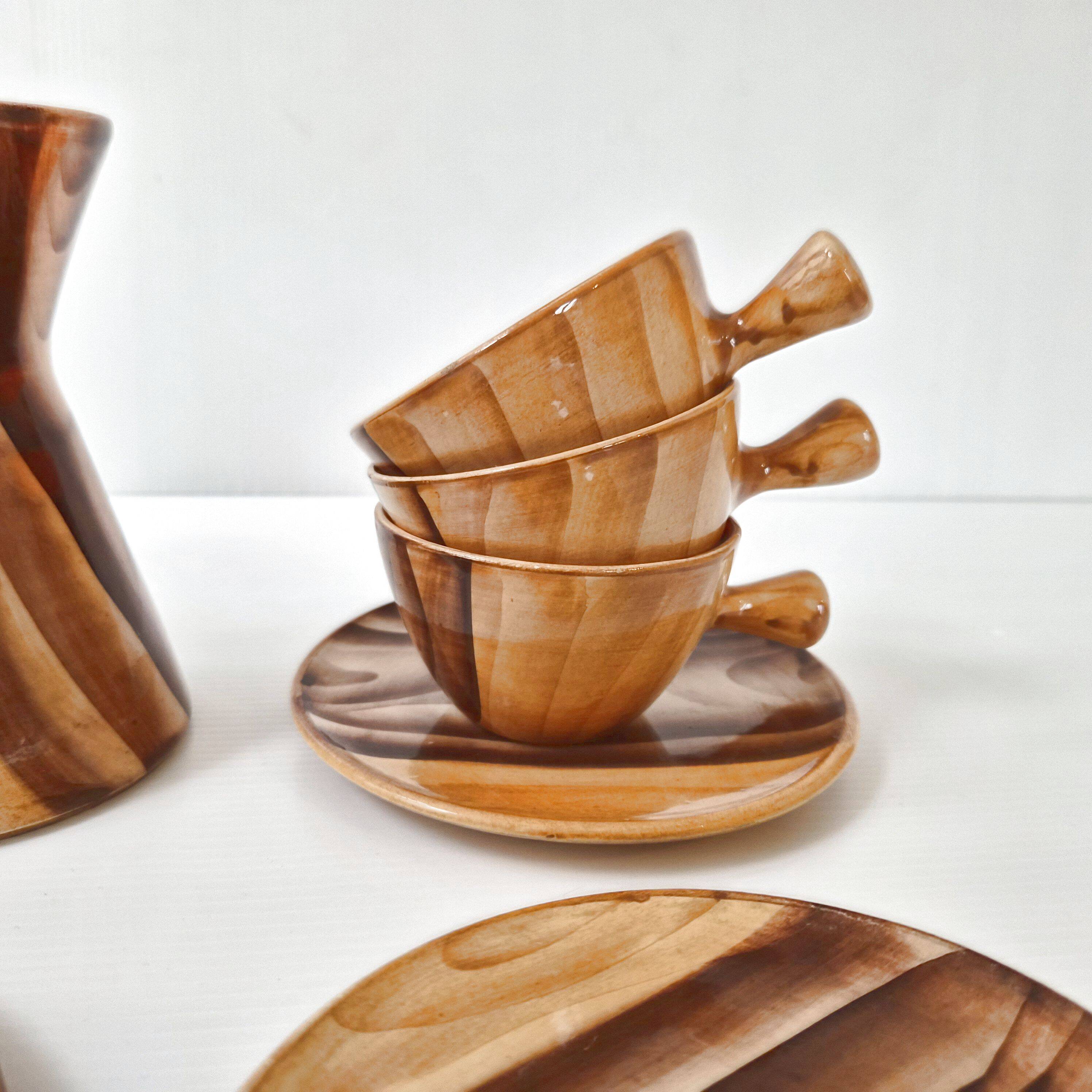 Ceramic coffee service faux-wood Vallauris 1960