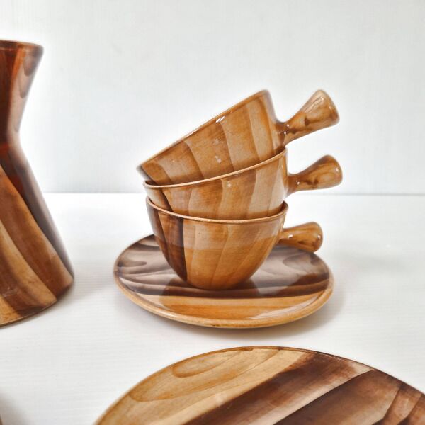 Service à café céramique faux-bois Vallauris 1960
