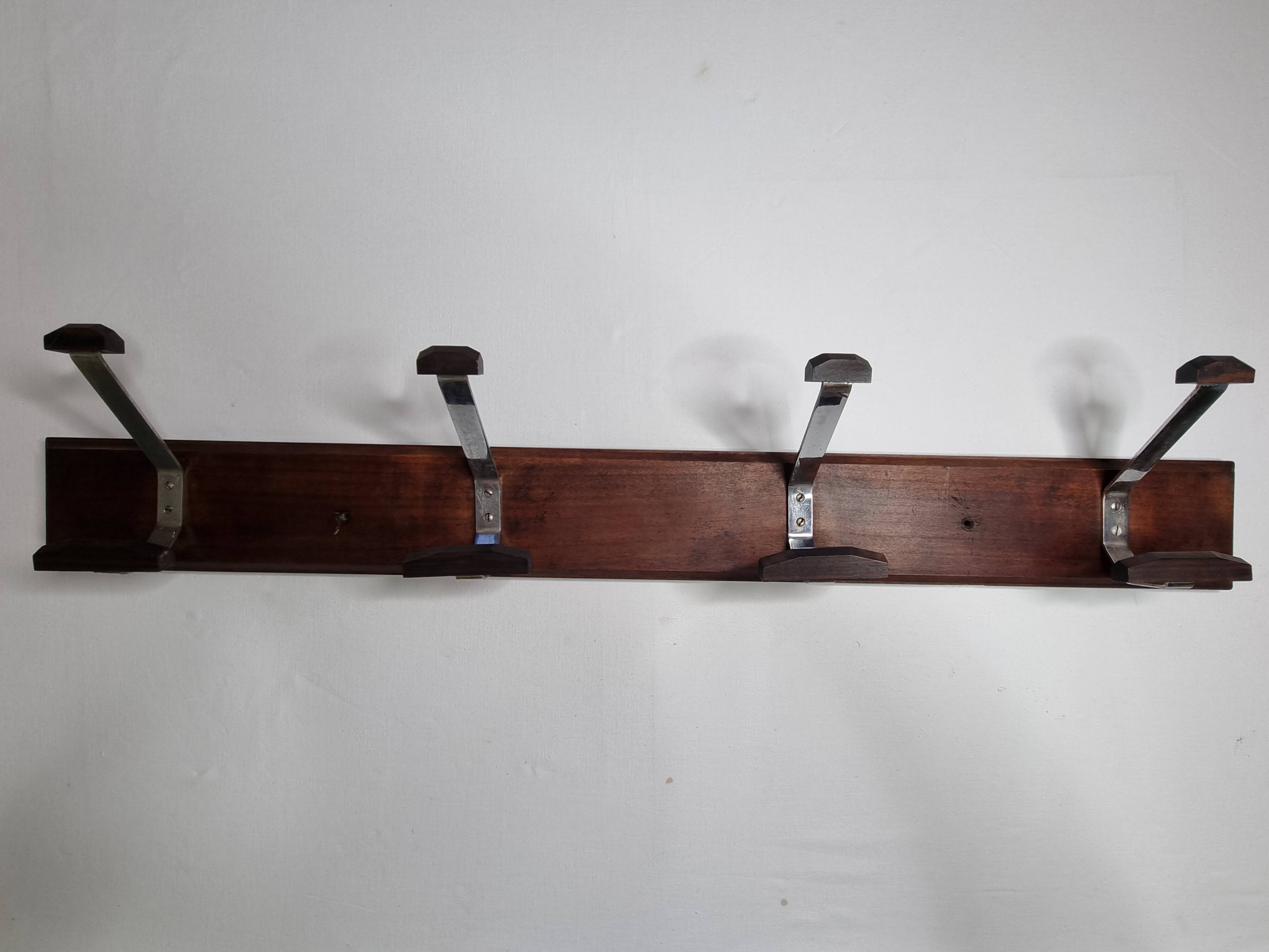 Wall-mounted coat rack in wood and metal, 4 hooks, industrial style, 100 cm