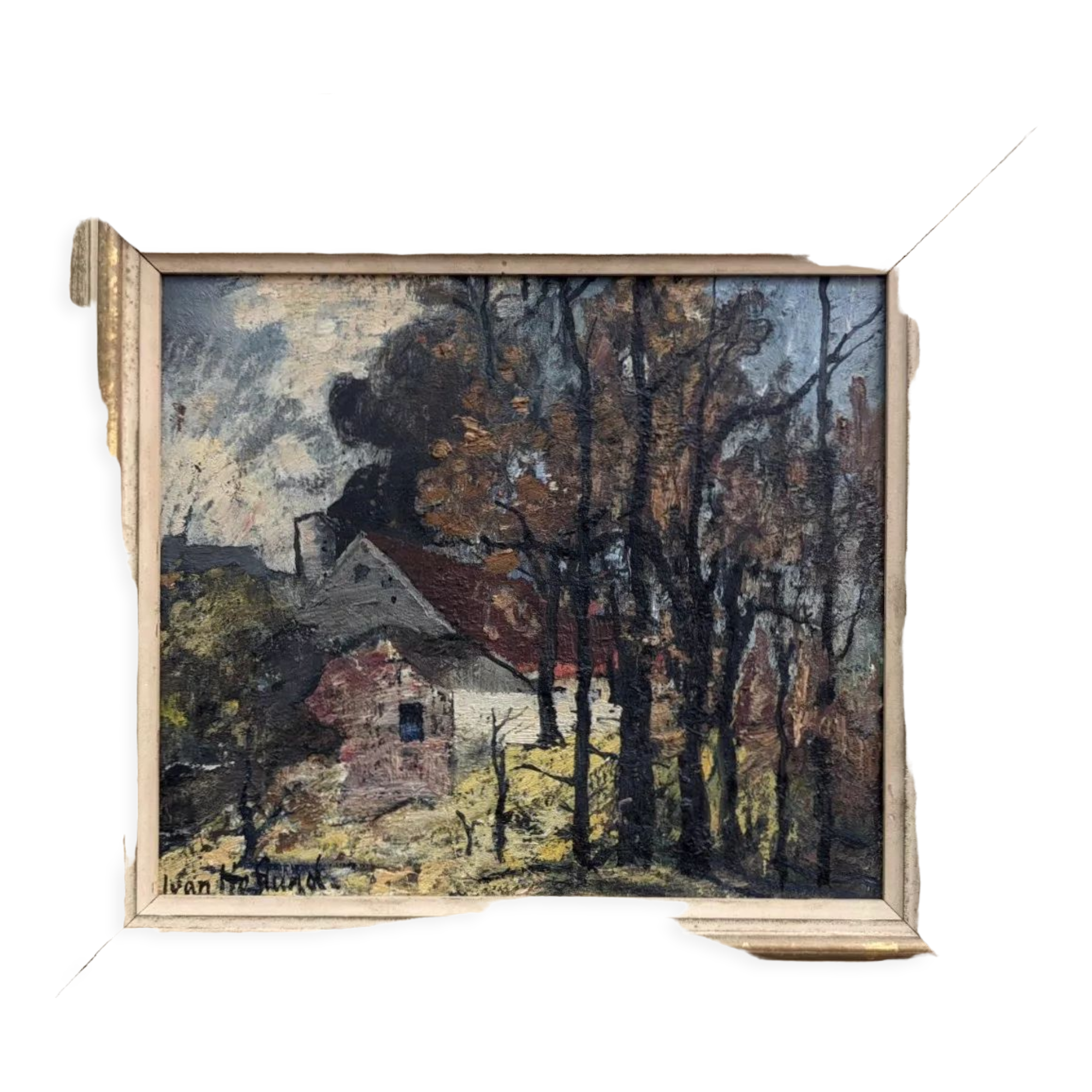 Mid-Century Modern "Cottage in the Forest" Swedish Vintage Expressionist Landscape Oil Painting, Fra