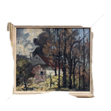 Mid-Century Modern "Cottage in the Forest" Swedish Vintage Expressionist Landscape Oil Painting, Fra