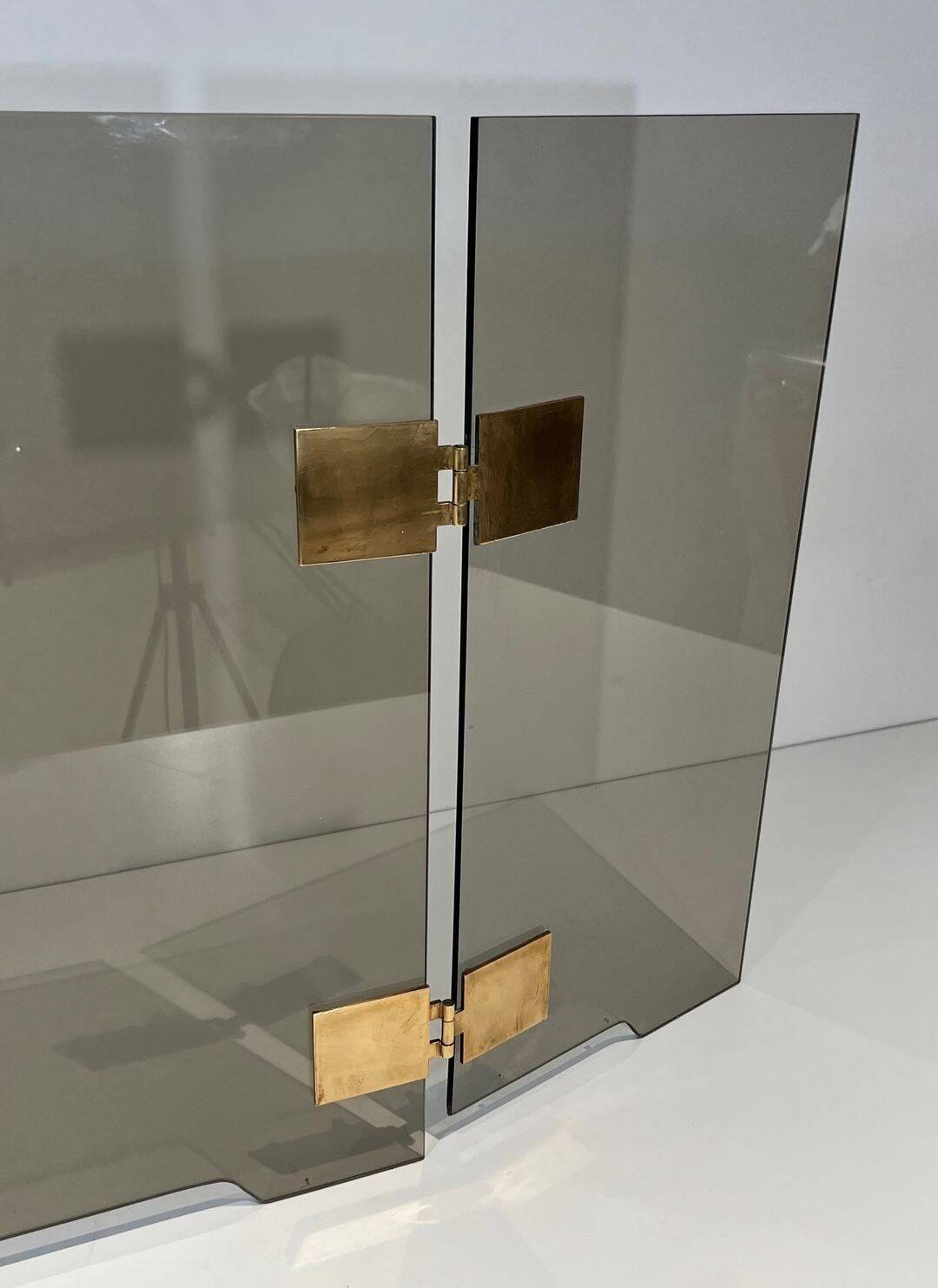 Three-Panel Folding Fire Screen in Smoked Glass with Polished Brass Hinges,