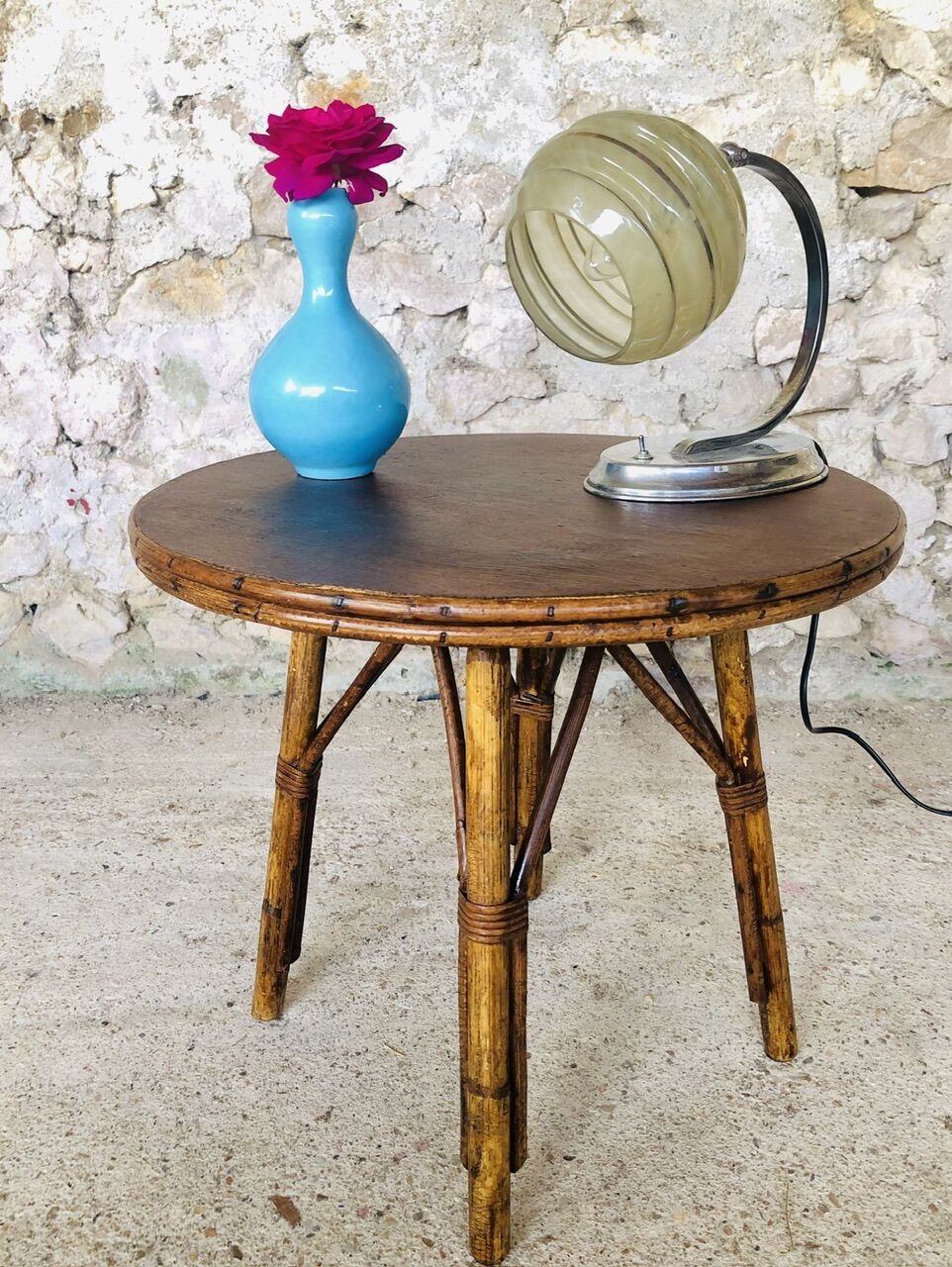 Round rattan bamboo side table, 60s