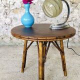 Round rattan bamboo side table, 60s