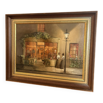Oil Painting Panel Scene Parisian Street Paris Antique Romantic