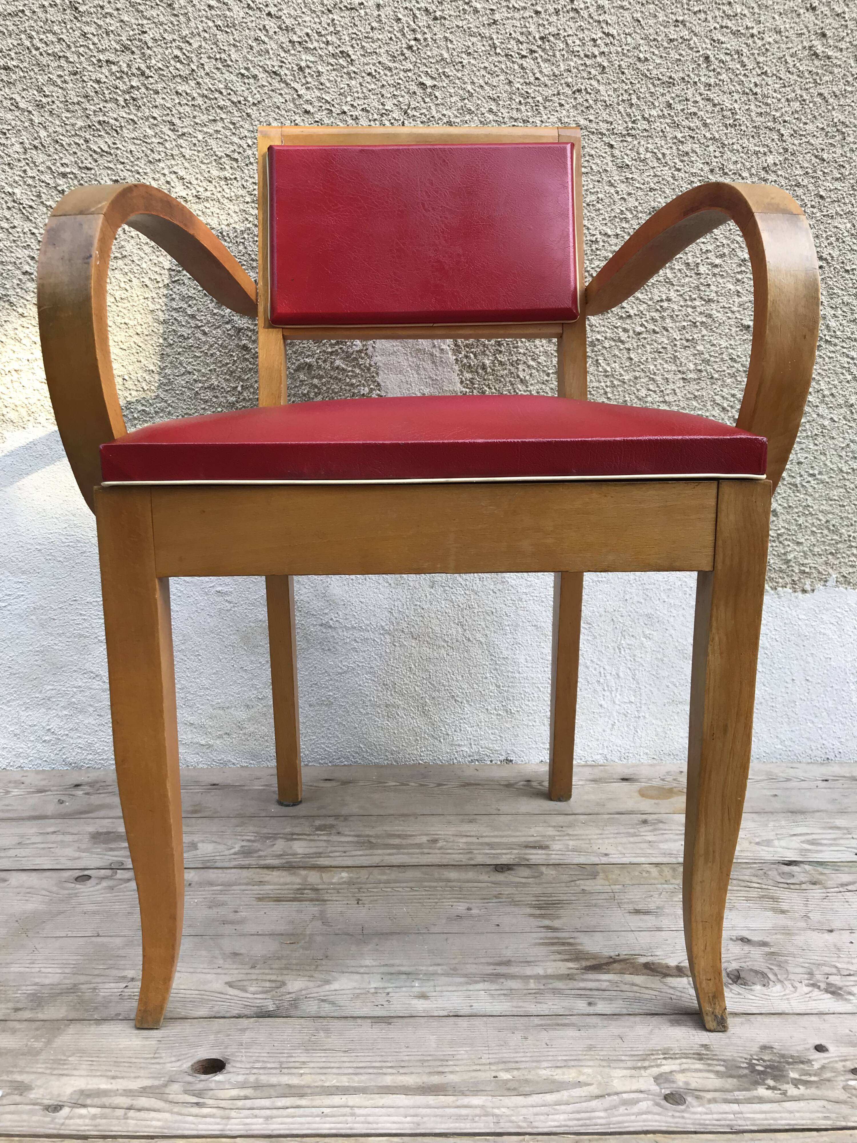 Fauteuil bridge ancien bois & skai rouge années 70