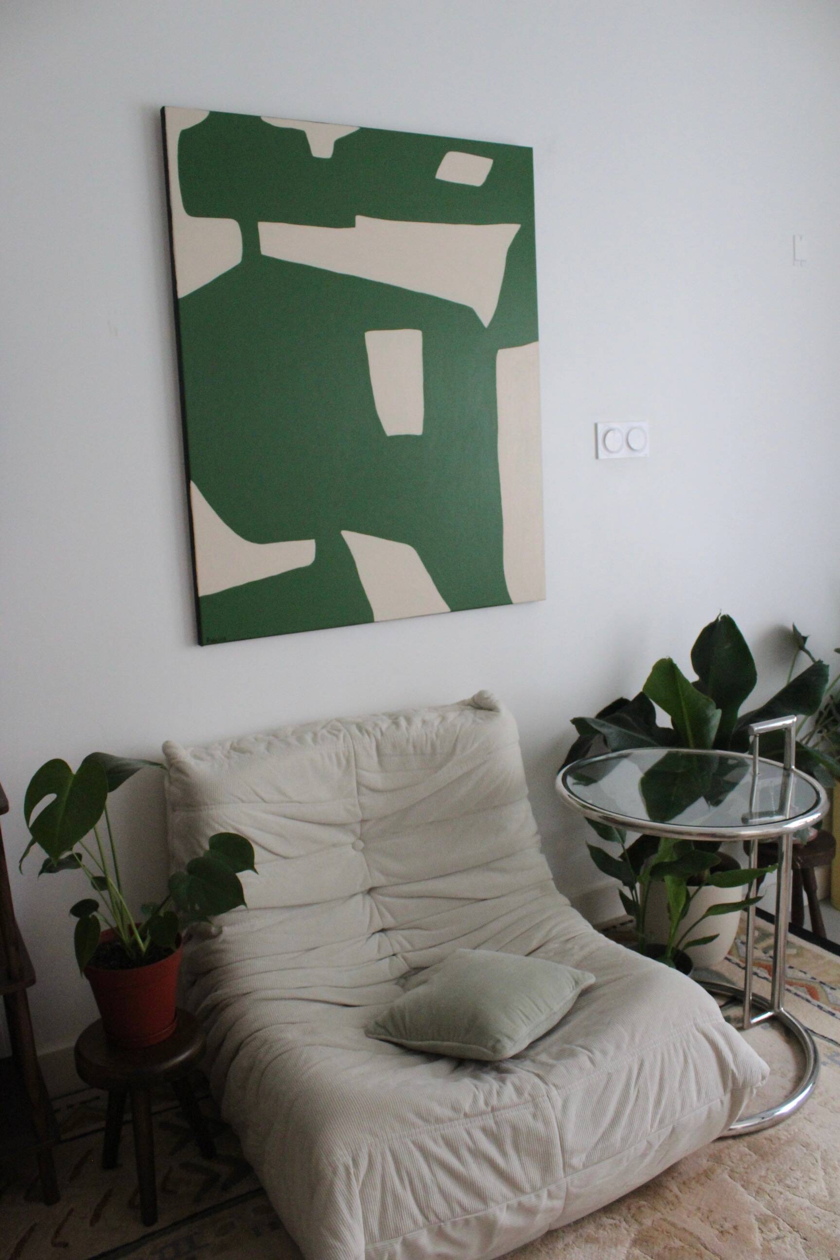 Organic abstract on green and beige canvas 100x81cm