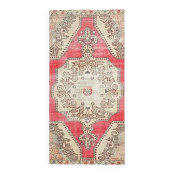 Vintage Turkish Hand-Knotted Wool Cotton Pink Runner Rug 105x228
