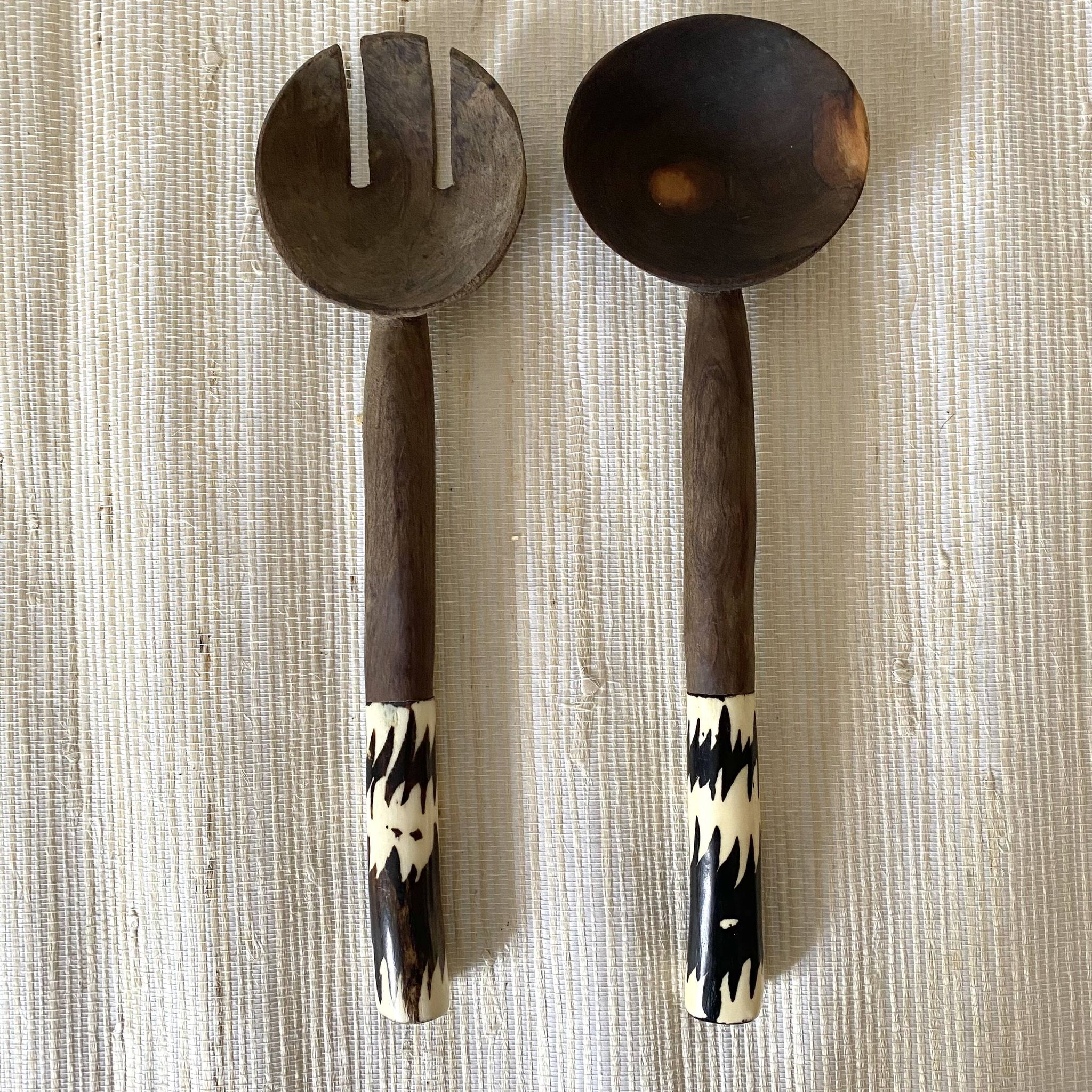 Wooden and horn salad servers