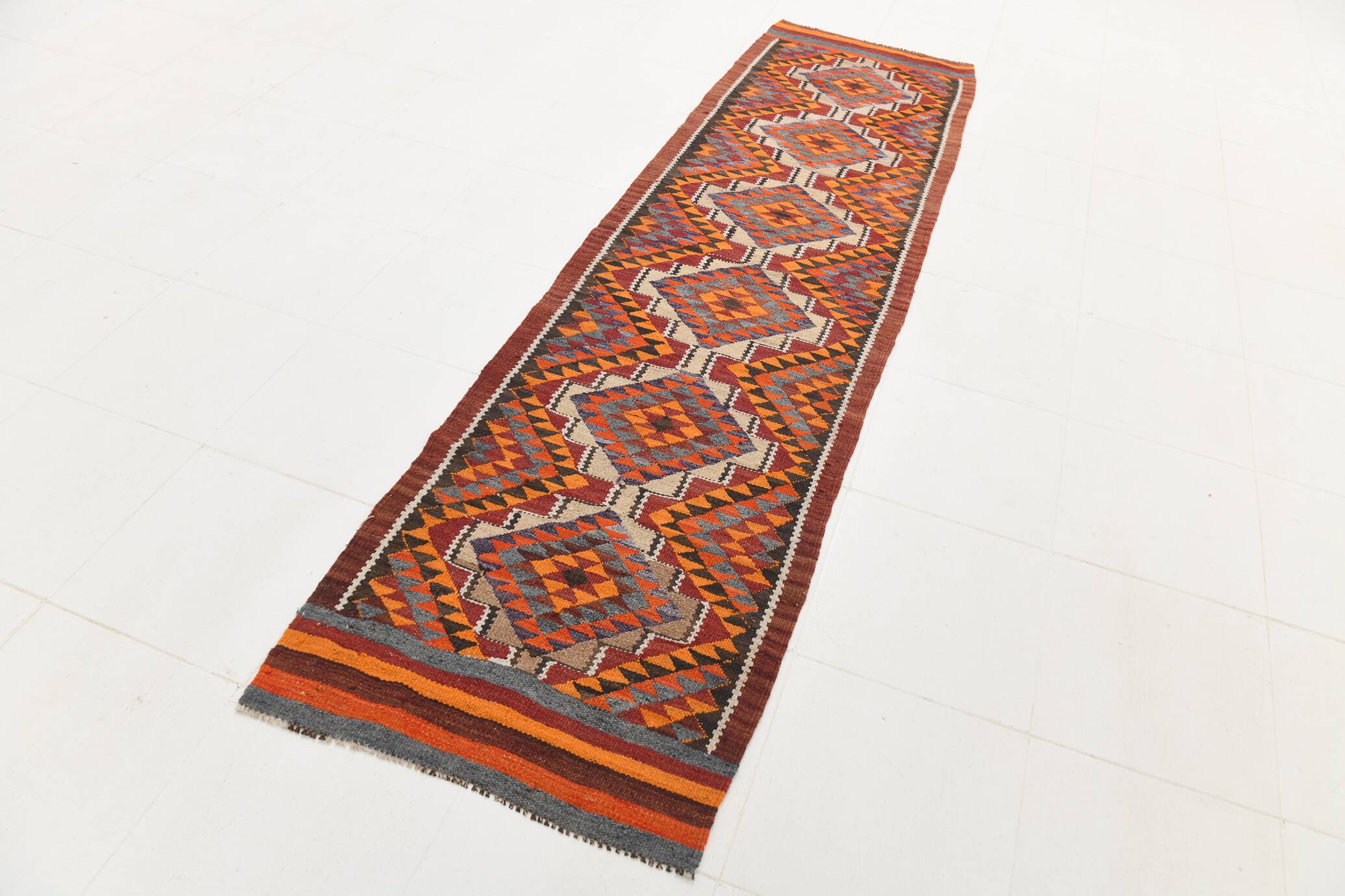 3x10 Red & Blue Kilim Runner Rug, 82x295Cm