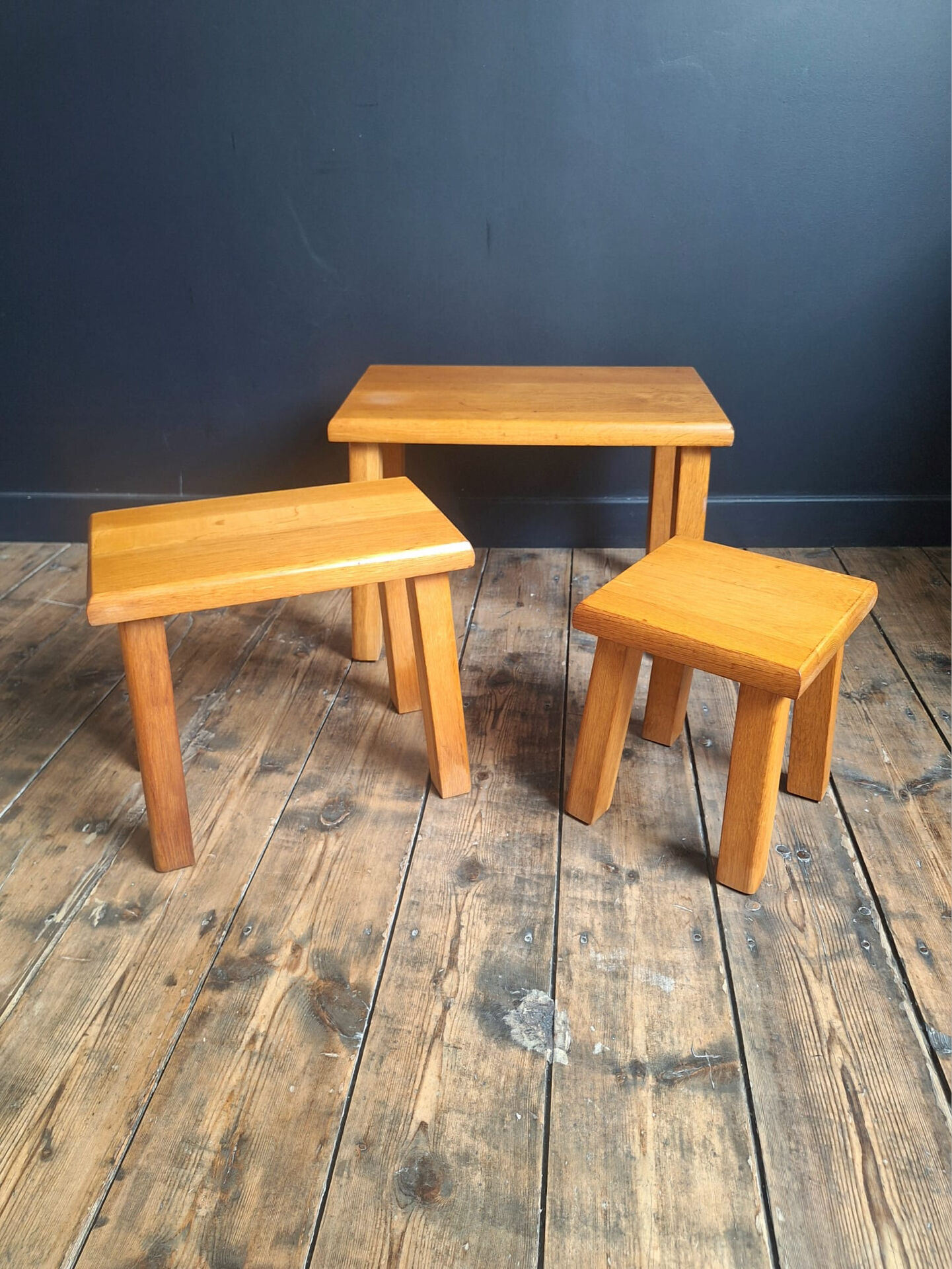 3 nesting tables in vintage elm, brutalist design.