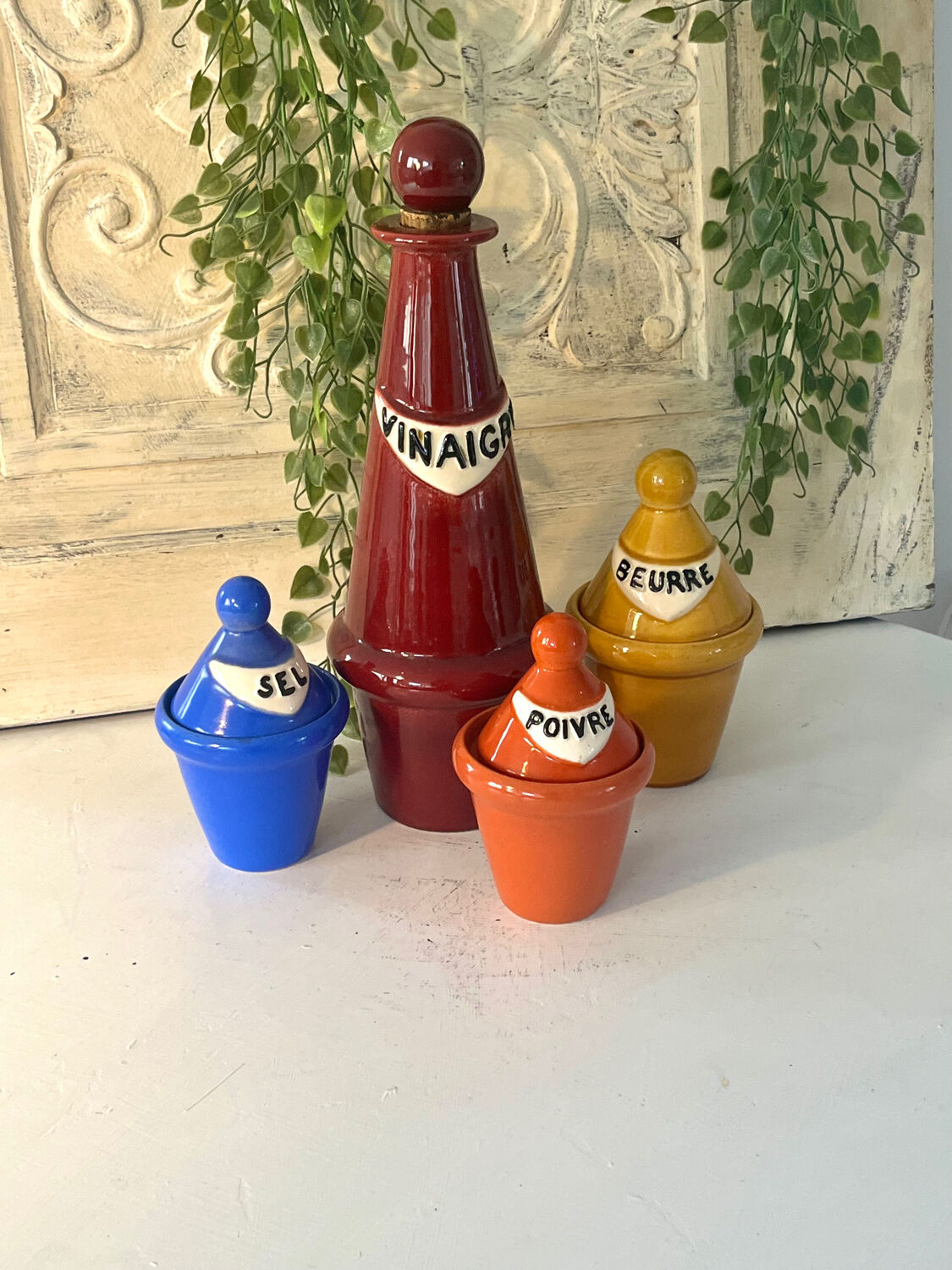 French 1950s ceramic vinaigrette set, Pol Chambost style