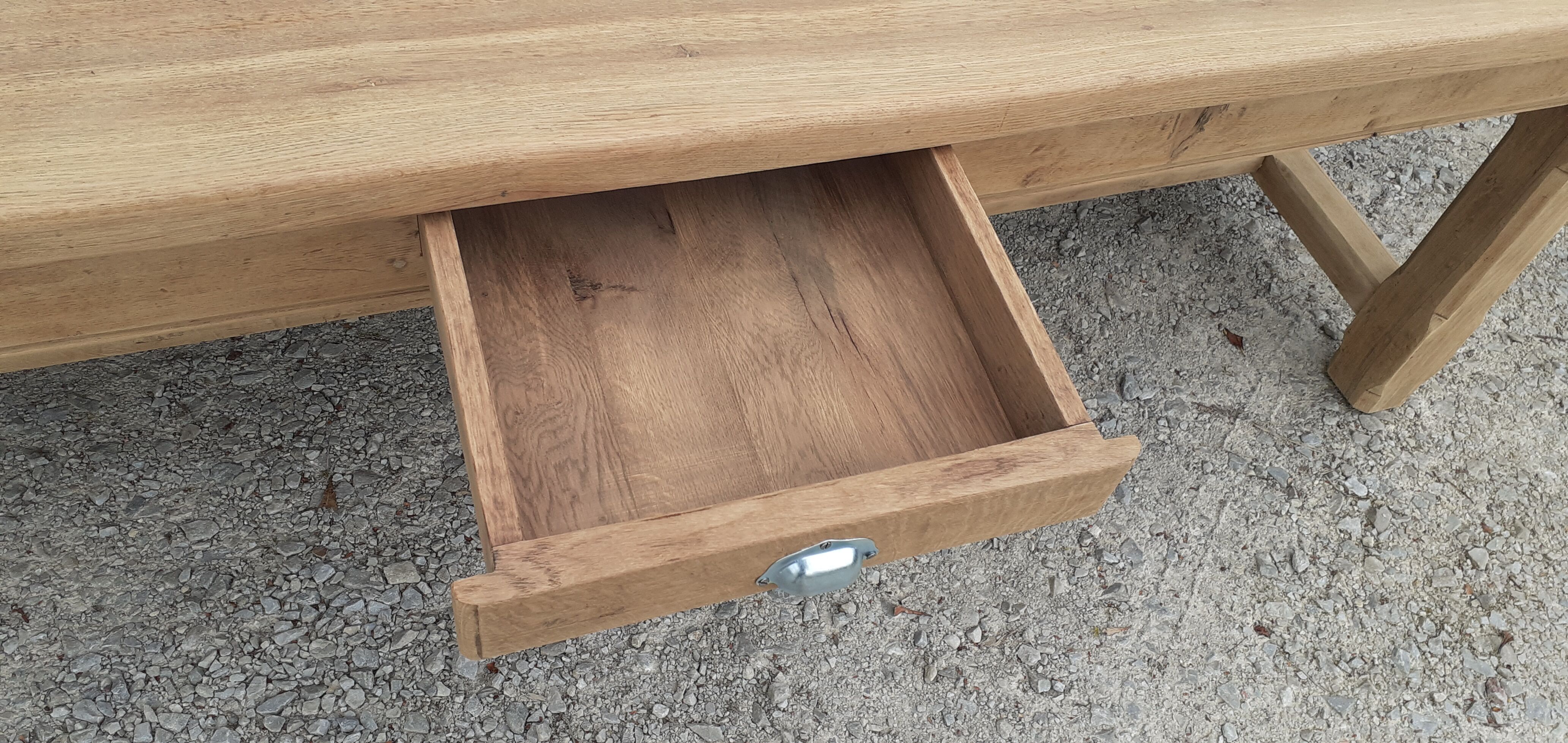 Farm table in solid oak raw wood 2 drawers