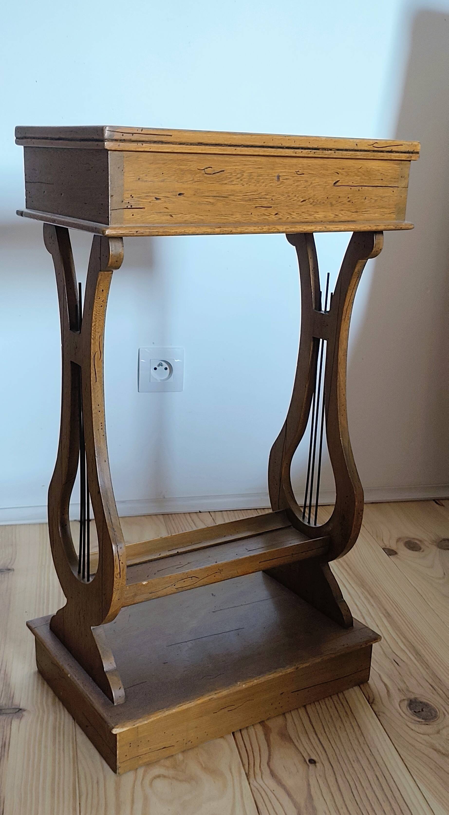 Lyre bedside table, cherry wood, 1960s.