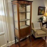 vintage wooden display cabinet with curved glass